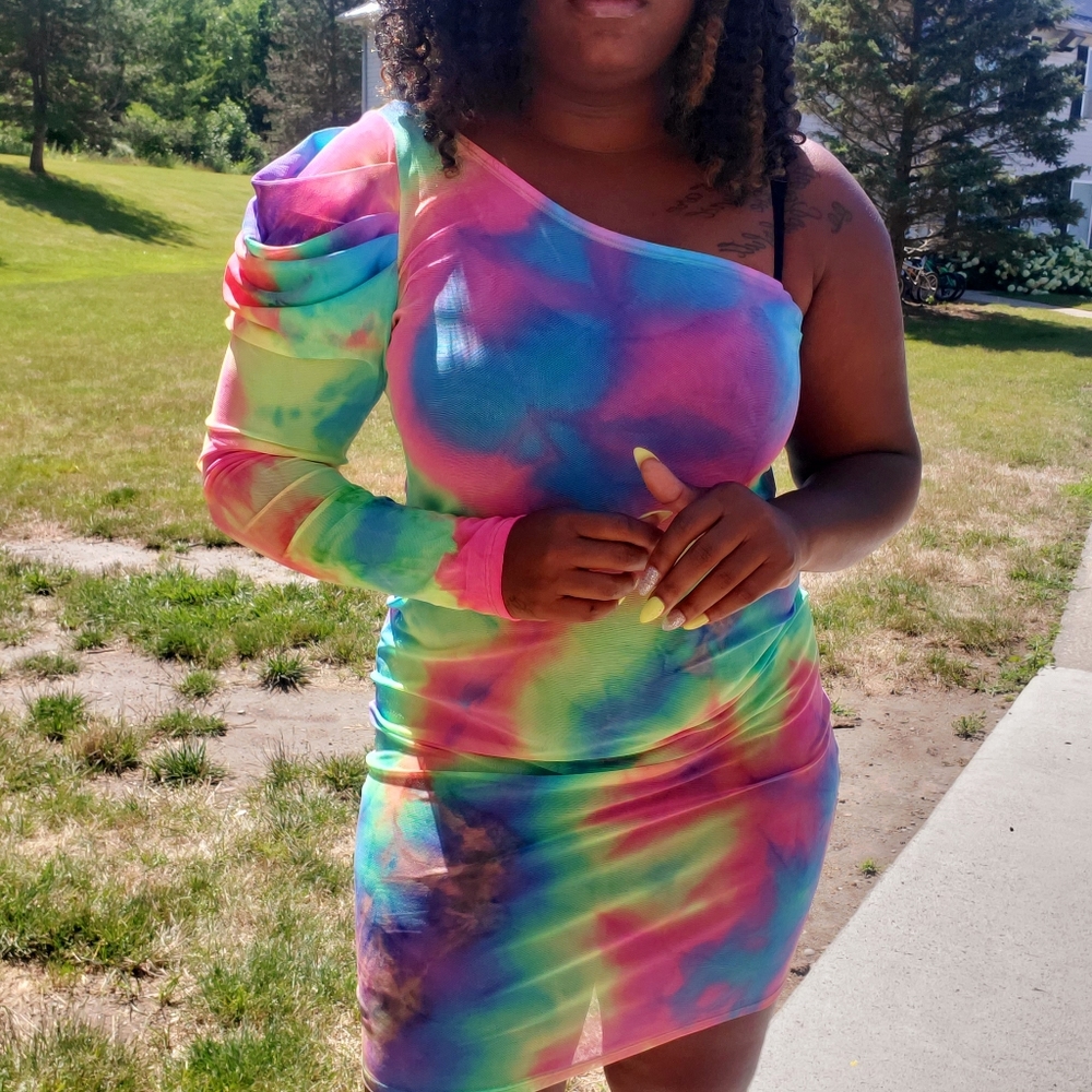 Multi Colored Puff Sleeve  Sheer Mini Dress
